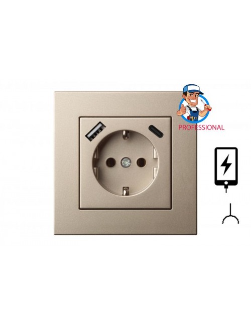 როზეტი + USB + Type C დამტენი, ჩარჩოს გარეშე, შამპანურისფერი IUK-3-01.E/CH
