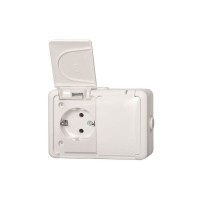 როზეტი, ორ პოზიციანი, ზედაპირზე სამონტაჟო, დამიწებით, ჰერმეტული IP44, თეთრი